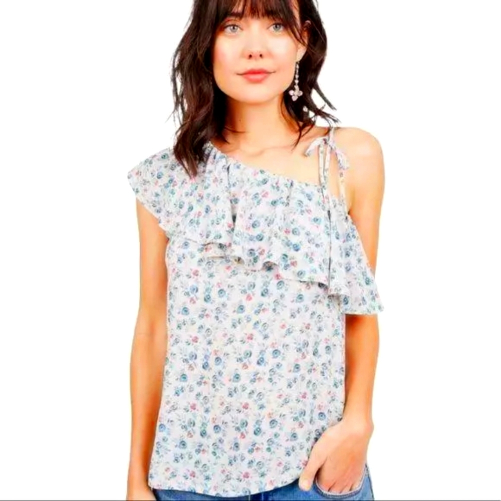 Octavia One Shoulder Bohemian Ruffle Ivory Floral Print Blouse XL